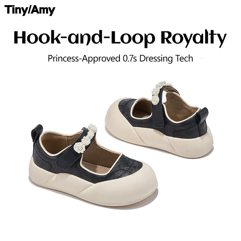 Girls Pearl Mary Jane Dress Shoes – Little & Big Kid Faux Leather Flats with Hook & Loop Strap, Wide Toe Anti-Collision Sole, Dressy Casual Shoes for School, Parties & Special Occasions3