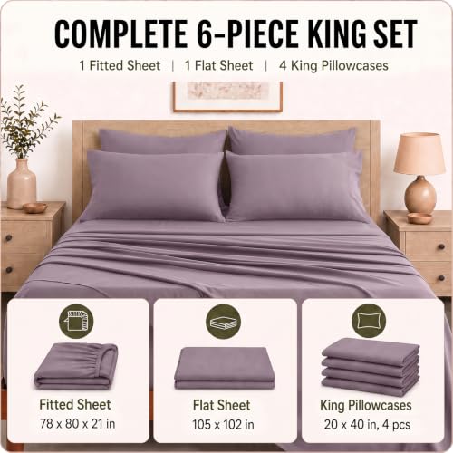 Image of CozyLux 6-Piece King Size Sheet Set, Fits 18-21 Inch Mattresses, Oeko-TEX | 4 Pillowcases, 1 Flat Sheet and 1 Fitted Sheet with All-Around Elastic and 21-Inch Deep Pocket for a Secure Fit, Dusty Purple
