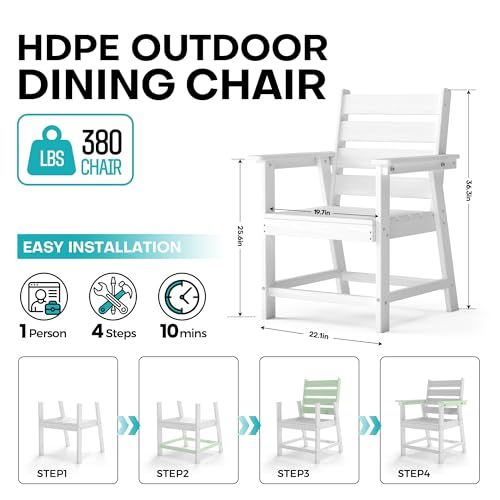Image of HDPE Dining Chair Set of 2, All-Weather Patio Dining Chair with Armrests, Wood Grain Texture, Heavy Duty Outdoor Furniture for Backyard, Garden.White
