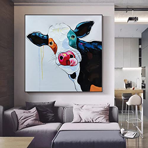 Grand tableau vache peinture à l'huile sur toile moderne art mural chambre 70x70 cm - 4