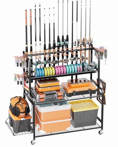ANYHALO Fishing Rod Holder with 15-Pole Rack 3-Tier Fishing Cart for Fishing Accessories and Gear Storage, Perfect Fishing Pole Holders for Garage, Home or Shed, Ideal Fishing Gift for Men and savior
