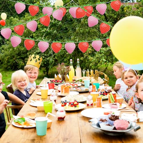 Image of 4-Strand Strawberry Banner - Pink and Red Strawberry Garland for Berry Birthday, Picnic Party, Baby Shower, and Summer Fruit Theme Decor
