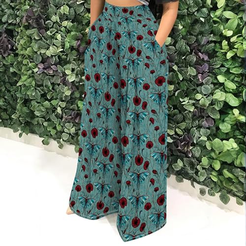 Summer Women's High Waist Loose with Pockets Casual Trouser Boho Ethnic Tribal Floral Print Flowing Wide Leg Pants3