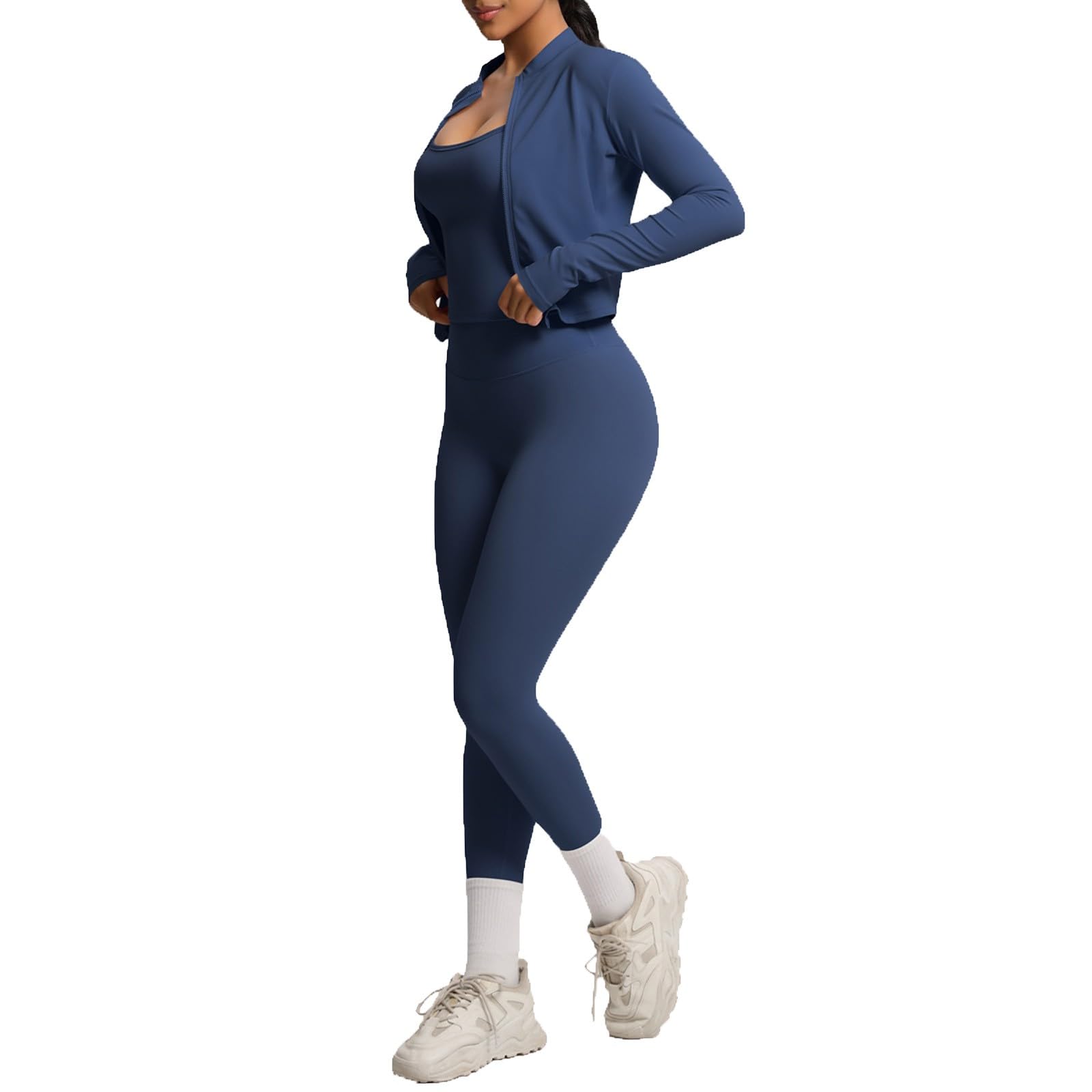 Damen Sportanzug 3 Stück Herbst und Winter Jogginganzüge Leggings Crop Top und Mantel Yoga Sport Tracksuit Baumwolle Fitness Running Loungewear Sportwear Yoga für Training und Fitnessstudio