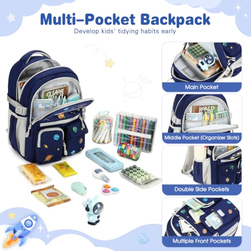 Image of DIGOBAY Backpack for Boys 6-8, 3PCS Embroidery Toddler Boys Backpack with Lunch Bag Pencil Case, 15.7 inch Kids School Bookbag for Preschool Kindergarten Elementary Daycare Backpacks, Navy Blue Planet
