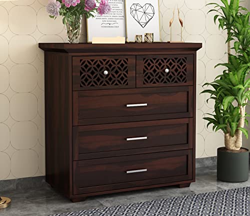 Image of Solid Sheesham Wood Chest of 5 Drawers - Multi-Purpose Storage Cabinet for Living Room, Bedroom, Hall, Kitchen, or Home Office - Walnut Finish, Handmade Indian Furniture