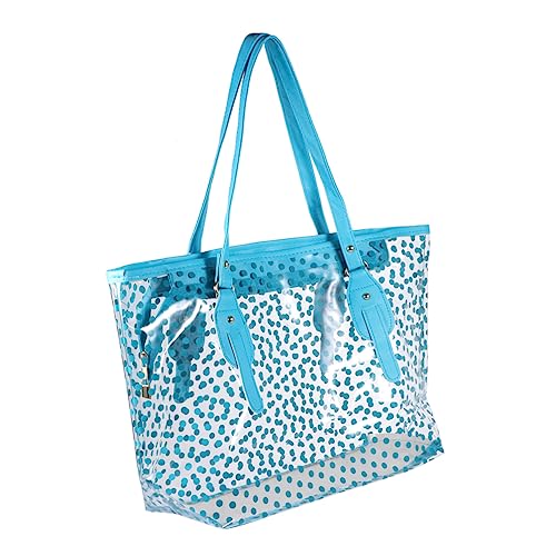 Beaupretty PVC Beach Bag for Women Round Dots Pattern Tote Sandproof Fashion Handbag Lightweight and Stylish Blue Summer Tote for Beach and Casual Use