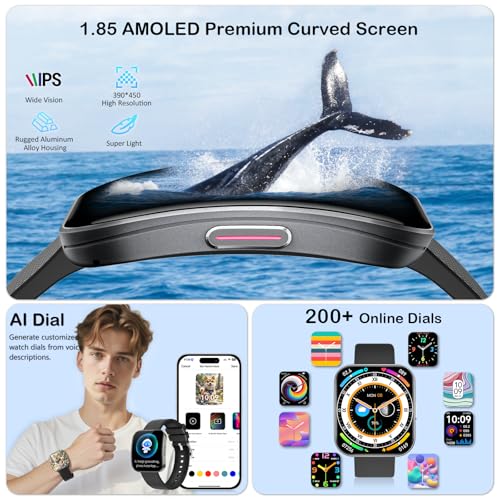 Smart Watch for Men Women, Answer/Make Calls, New 1.85"HD AMOLED Curved Display Fitness Watch with Blood Pressure Sleep Heart Rate Monitor, AI Dial, AI Q&A,110+ Sports True IP68 Waterproof Smartwatch3