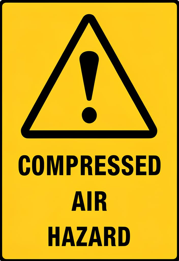 peiyeety Compressed Air Hazard Tin Sign 12x8 Inch Metal Warning Sign, Yellow/Black Industrial Safety Plaque with Exclamation Triangle, Wall Decor for Garage Workshop Factory Shed
