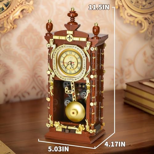 Image of SKY LINE OCEAN Vintage Swing Clock Building Blocks Set - 751 PCS Real Working Mechanical Clock with Alarm, Moving Pendulum, Rotating Dial, Electroplated Gold Finish | 6 Months Structural Warranty