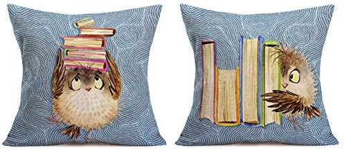 Xihomeli Set of 2 Decorative Pillow Covers Cute Owl with Books Cartoon Pattern Pillow Case Home Decoration Cotton Linen Throw Pillow Cushion Covers 18x18 Inches (2ps owl Book)