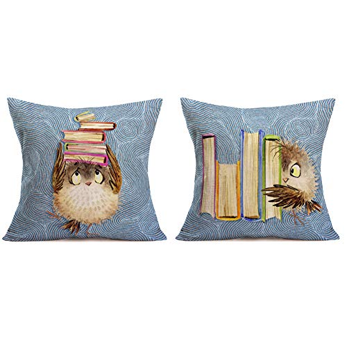 Xihomeli Set Of 2 Decorative Pillow Covers Cute Owl With Books Cartoon Pattern Pillow Case Home Decoration Cotton Linen Throw Pillow Cushion Covers 18X18 Inches (2Ps Owl Book) #TOP14