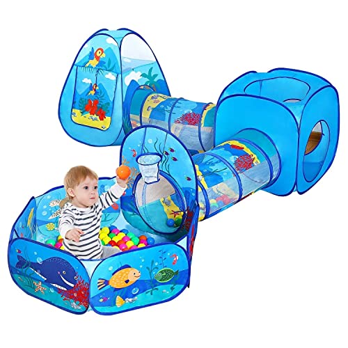 Image of 5 in 1 Toddlers Play Tent with Ball Pit and Tunnels, Baby Pop Up Tent Indoor Playground Playhouse