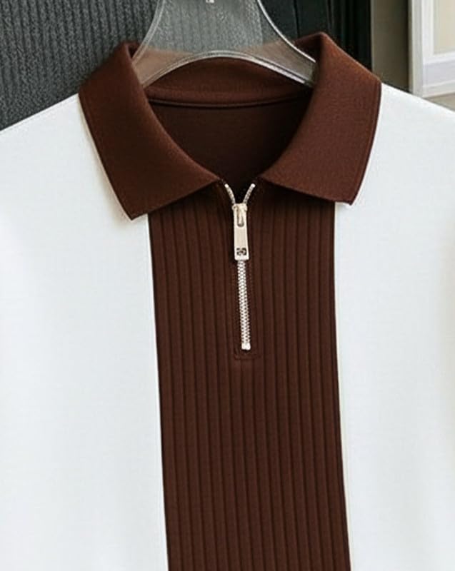 Image of AUSK Men's Textured Vertical Striped Knit Polo T-Shirt | Half Sleeve Zipper Neck Self-Design Casual Tee | Mens Tshirts