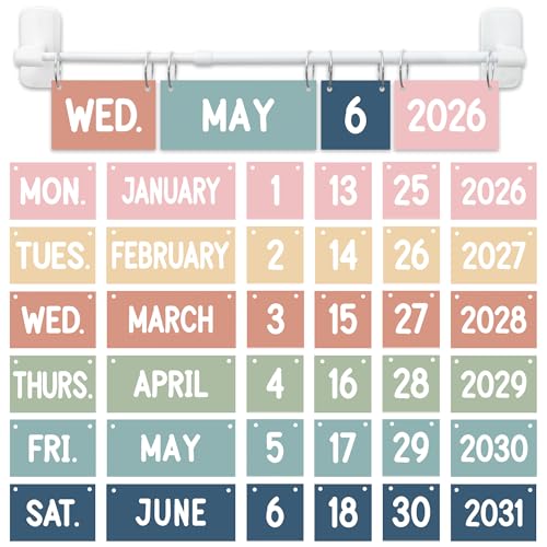 Magnetic Boho Flip Calendar for Classroom Boho Flip Calendar Bulletin Board Set Classroom Calendar Decor with Magnetic Adjustable Holder & 56 Date Cards for Back to School Home Decor Teacher Supplies