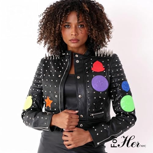 ForHerNYC Women's Studded Faux Leather Jacket – Colorful, Trendy Motorcycle Style – Regular - 817524