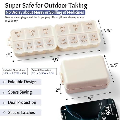 new foldable amp double protection portable weekly pill organizer 2 times a day with etched labels am pm 7 day week medicine box daily travel pill case holder dispenser for vitamin supplement - khaki