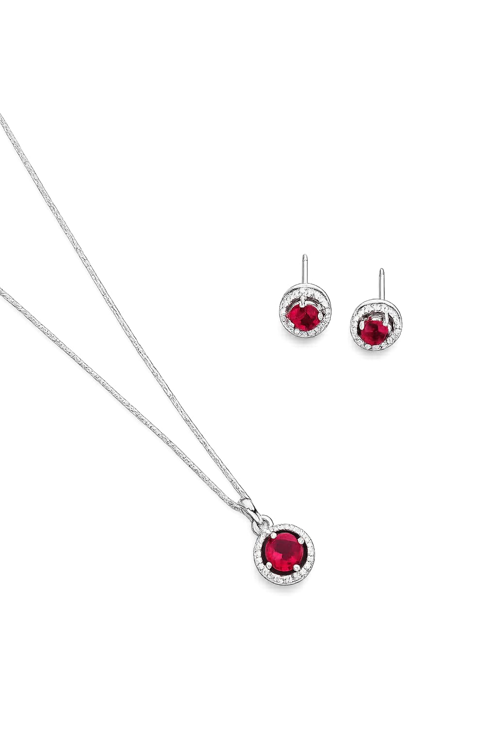 Red Round Halo Pendant Necklace with Matching Stud Earrings for Women | Cubic Zirconia Jewelry Set | Rhodium Finish | Elegant Gift for Birthday, Anniversary, Valentine's Day-image-3