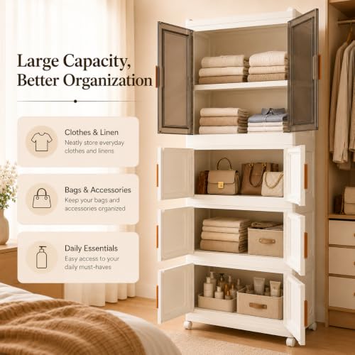 Image of KRISHYAM 4-Tier Plastic Storage Cabinet with 1 Transparent Door & Wheels, Smoky Translucent Doors, Multipurpose Clothes Organizer for Bedroom & Home, 159 x 69 x 34 cm