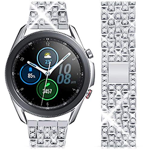 Goton Band Compatible for Galaxy Watch 3 Band 45mm, Women Men Bling Diamond Crystal Strap 22mm Stainless Metal Replacement Bracelet Compatible for Samsung Galaxy Watch 45mm / 46mm / S3 Frontier / S3 Classic (Silver, 22mm)