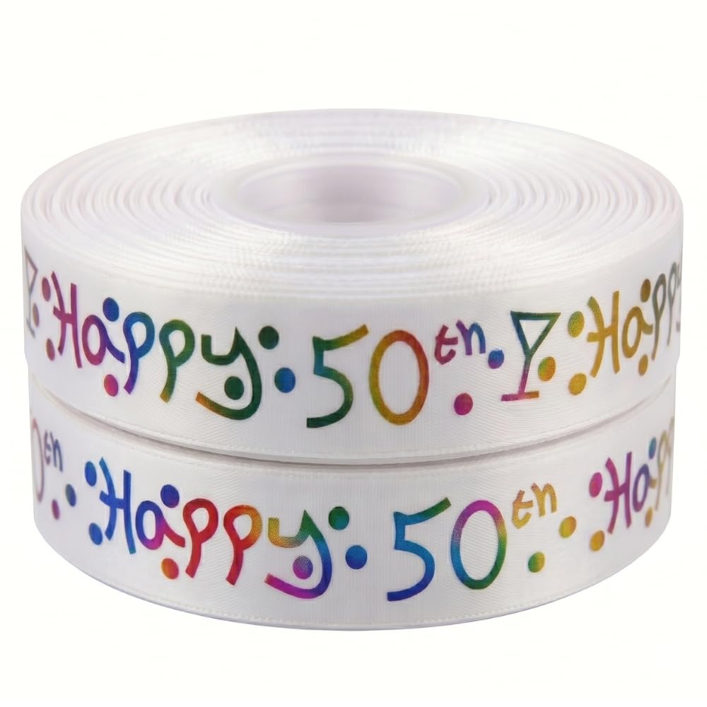 Pimp My Shoes Women's White Pink Red Blue Navy Purple Black Green Yellow Orange Happy 50Th Birthday Ribbon White Multi Colour Satin 25Mm X 2M, Birthday Ribbon For Gift Wrapping, Party Ribbons For Gift Wrapping, Cakes, 50Th Birthday Decorations Cards And Creative Crafts
