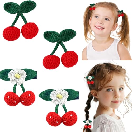 4 Pcs Handmade Crochet Cherry Hair Clips Mini Sweet Cherry Hair Barrettes Cute Knit Fruit Shape Duckbill Clip Hairpins for Women Girls Kids Teens Hair Accessories