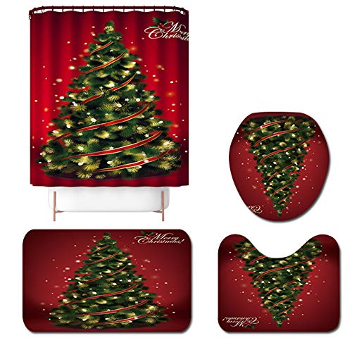 Ohwens Merry Christmas Shower Curtain/Non-Slip Rug/Toilet Lid Cover/Bath Mat Xmas Tree Pattern for Christmas Decorations