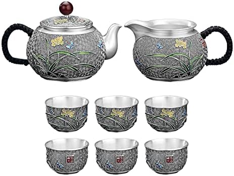 Chinese Tea Set, 999 Sterling Silver Small Tea Pot and 6 Small Tea Cups Set, Handmade Vintage Teapot Set with Teacups for Adults/Child's Tea Party/Afternoon Tea Party/Mother's Day/Holiday Gift