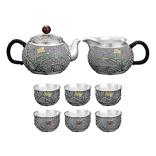Chinese Tea Set, 999 Sterling Silver Small Tea Pot And 6 Small Tea Cups Set, Handmade Vintage Teapot Set With Teacups For Adults/Child's Tea Party/Afternoon Tea Party/Mother's Day/Holiday Gift #TOP2