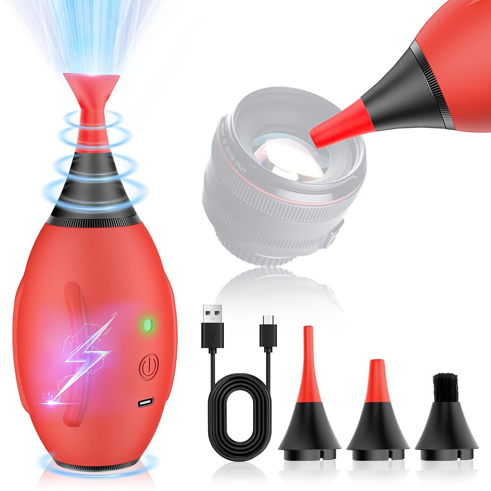 Electric Air Blower Kit, with 4 Soft Tip Silicone Replacable Nozzles, Mechanism Dust Blower and Vacuum Cleaner, Professional Air Blaster for Camera Sensor CCD CMOS Lenses- Red