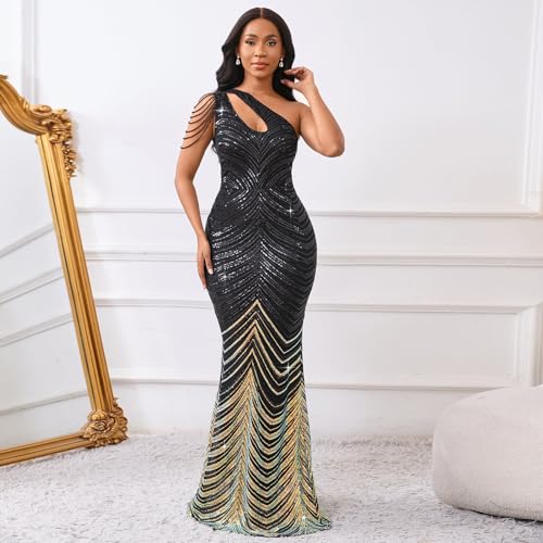 Image of Cololura Women Sequin Elegant Sexy One Shoulder Tassel Mermaid Bodycon Cocktail Evening Dress