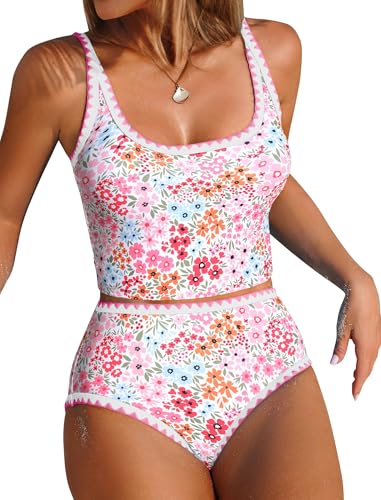 ZAFUL Tankini Swimsuit Tummy Control Bathing Suits 2 Piece Swim Top with High Waisted Bottom Shell Stitch Swim Suits 2025 Pink Floral L