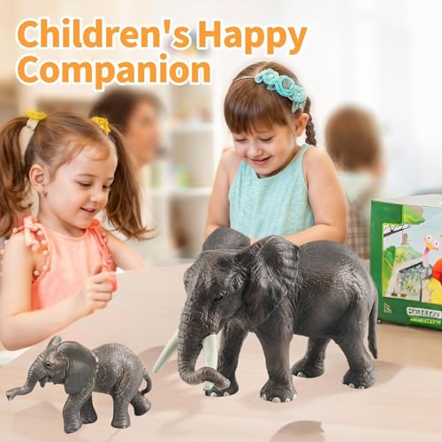 Image of Realistic Elephant Toy Set | 2PCs Animal Action Figurine Toys Playset for Kids Boys | Girls Big Size Cartoon Animals Figures Decoration Items for Office Table & Home Birthday Gift for Children
