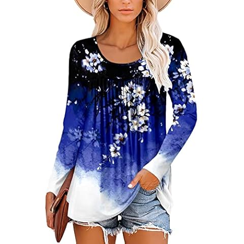 ELF QUEEN Floral Shirts for Women Plus Size Floral Long Sleeve Blouse Round Neck Womens Floral Tunic Tops Cover