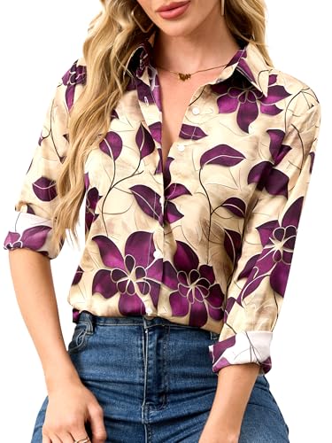 Wrinkle-Resistant Women Silky Button Down Shirts 2025 Fashion Printed Long Sleeve Blouse Dressy Casual Tops