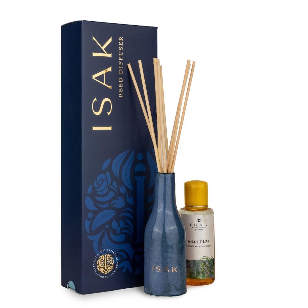 ISAK Fragrances Rasa-Vada Reed Diffuser Set with Reed Sticks and Lemongrass Oil, Flameless Essential Oil Diffuser for Aromatherapy, Ideal for Home Fragrances, 8 Reed Sticks + 100ml Lemongrass Oil