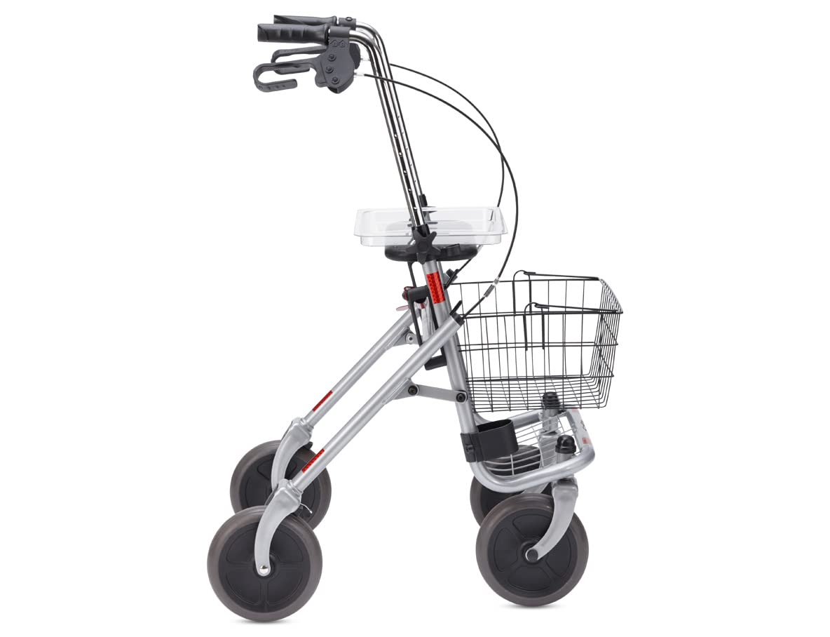Bischoff & Bischoff Senio Andador plegable – Andador estándar con ruedas grandes para interior y exterior, altura ajustable, incluye cesta, bandeja y soporte para bastones