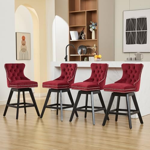 Set de 4 Butacas de Bar Giratorias, Terciopelo Rojo, Altura para Barra con Respaldo | Butacas Giratorias para Barra con Asiento Acolchonado, Respaldo Curvado, Patas de Madera Maciza y Detalle de Tachuelas miniatura 3