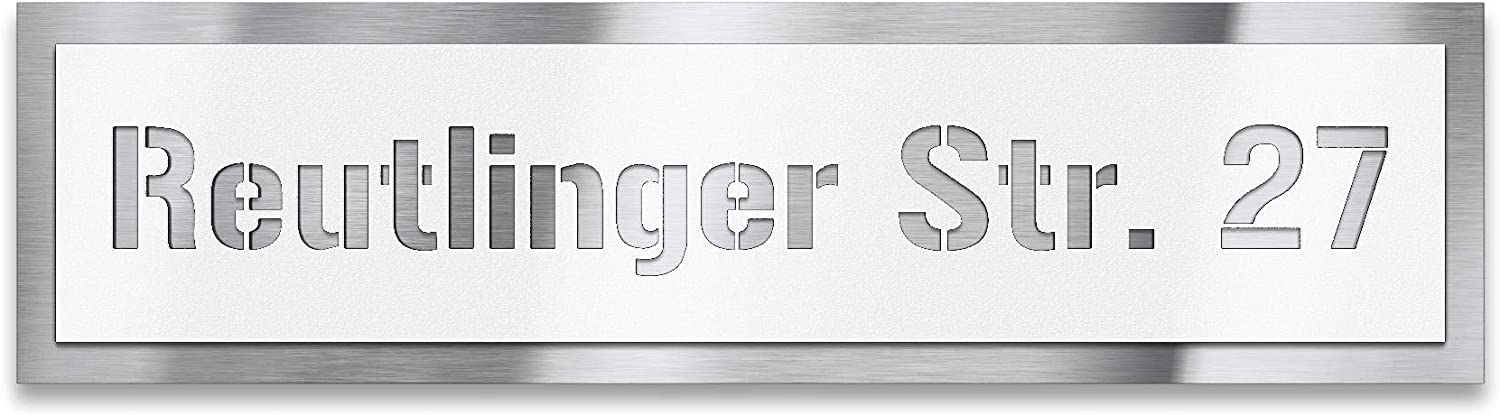 Metzler Hausnummer V2A Edelstahl, individuelles Hausnummernschild in Weiß, Straßenschild mit Hausnummer & Straßenname. Rostfrei, 3D-Effekt, inkl. Beschriftung, Made in Germany, Größe: 10 x 42 cm