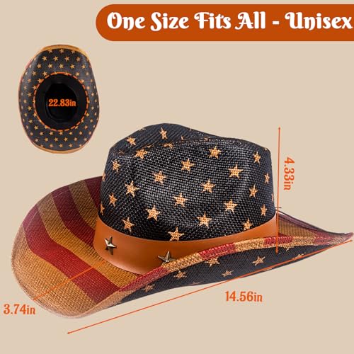 Image of Evankin American Flag Hat, USA Western Cowboy Hat on July 4th | American Flag Hat, 4th of July Patriotic Hat,USA Western Cowboy Hat, Straw Weaving Star,Summer Sunhat for Men and Women