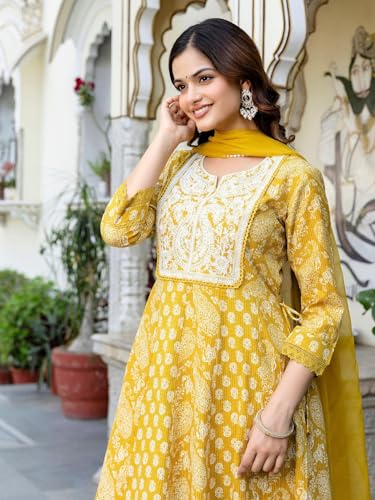 Image of Pure Cotton Anarkali Kurta Set for Women with Dupatta | 3 Piece Cotton Anarkali Suit | Floral Aari Work | Flared Ethnic Wear