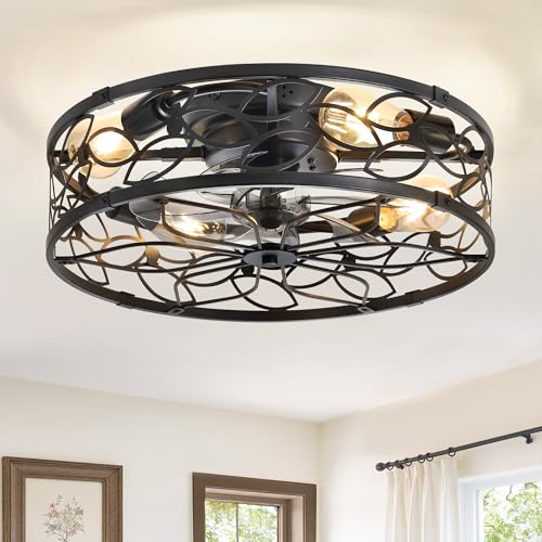 LEDIARY 20" Caged Ceiling Fan with Light, Flush Mount Fandalier with Remote