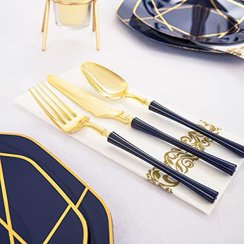 Pulote 140Pcs Blue Plastic Plates With Gold Rim - Include 20Dinner Pates 20Dessert Plates 60 Gold Plastic Cutlery 20Cups 20Napkins - Octagonal Gold Plastic Plates For Wedding&Party #TOP2