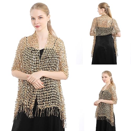 Delicate Tassels Trim Shawl for Ladies r Lightweight Shawls Wedding Party Anti-uv Scarf with Shinning Sequins Gold2