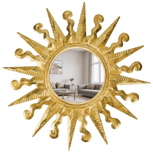 YIWEMON Golden Sun Wall Mirror Decorative 24 inch Metal Frame Mirror Sunburst Boho Mirror for Entryway Bedroom Living Room Bathroom House Warming Gifts New Home Essential