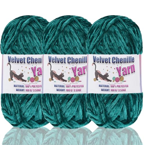 3 * 100g Fluffy Velvet Chenille Yarn for Crocheting and Knitting Handcrafts Weaving Soft Chenille Yarn for Crocheting Clearance Used for Making Baby Yarn Blanket Clothes (3 - Dark Green)