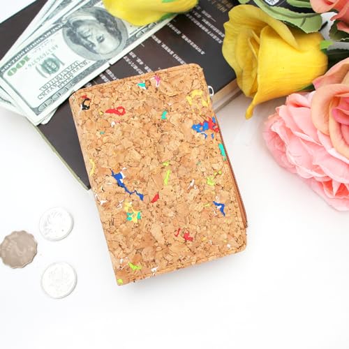 Image of Eco Cork Friendly RFID Blocking Wallet Bi-fold Card Holder Vertical Wallet With Zippered Coin Purse & ID Window