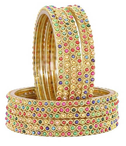 Image of NMII Glass Golden Beads & Pearls Moti Work Designer Bangles Set For Women & Girls | Kanch ki Chudi Set | Girl's Bangles Bracelet | Glass Bangles | Daily, Wedding, Party, Fashion Jewellery- Set of 12