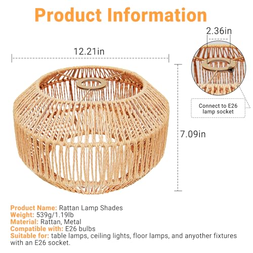 Image of Hanging Light Rattan Lamp Shades Boho Lamp Shades, Woven LampShades for Floor Lamps Rattan Pendant Lights Boho Lamp Light Table Lamps Plug in Pendant Light