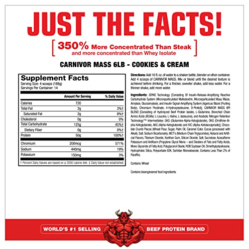 Image of MuscleMeds CARNIVOR Mass Gainer Beef Protein Isolate Shake, 50 Grams Protein, 125 Grams Carbs, 0 Fat, 0 Sugar, Lactose Free, Cookies & Cream, 6 Pound